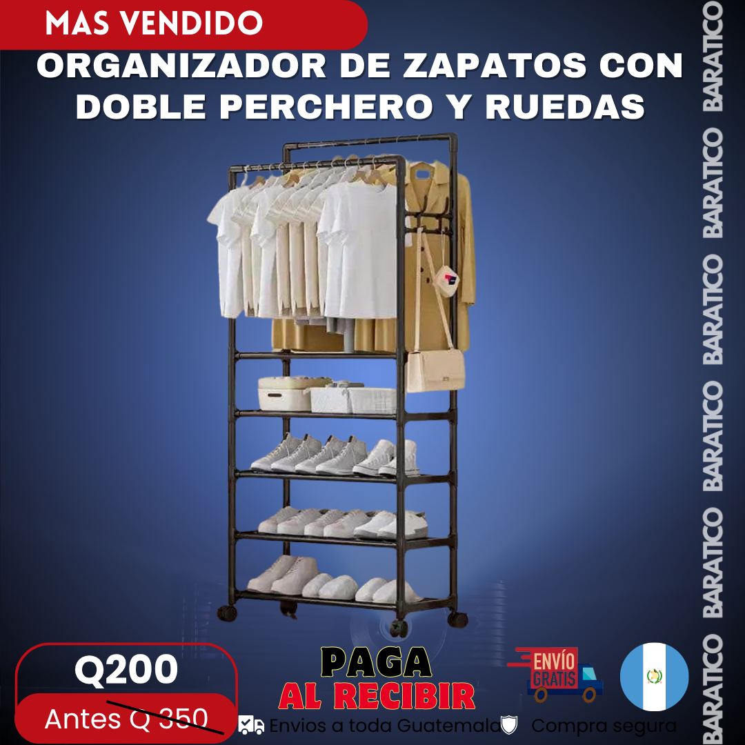 ORGANIZADOR DE ZAPATOS CON DOBLE PERCHERO Y RUEDAS