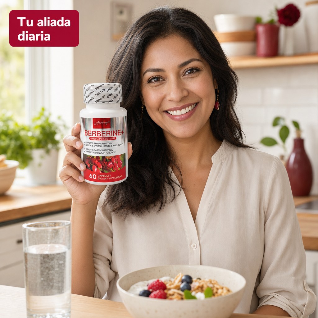 Mujer sosteniendo un frasco de Berberine+ en su cocina